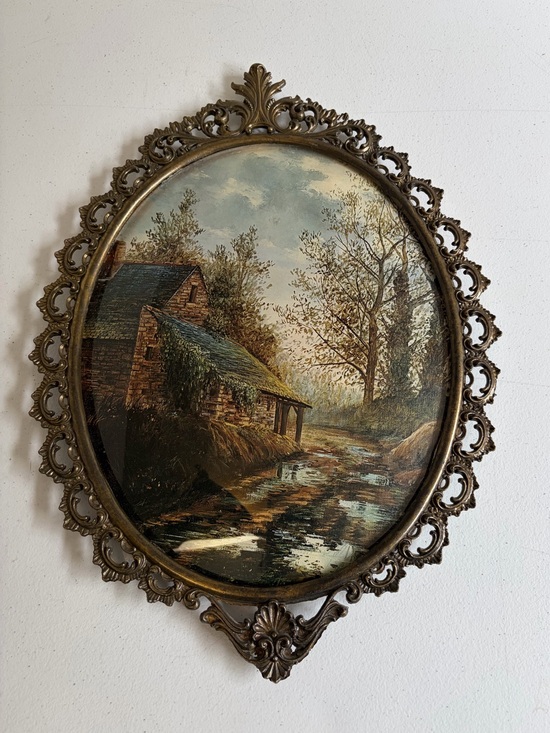 Vintage Other - Vintage Convex Glass Landscape Art Ornate Metal Oval Frame Rococo  Wall Decor